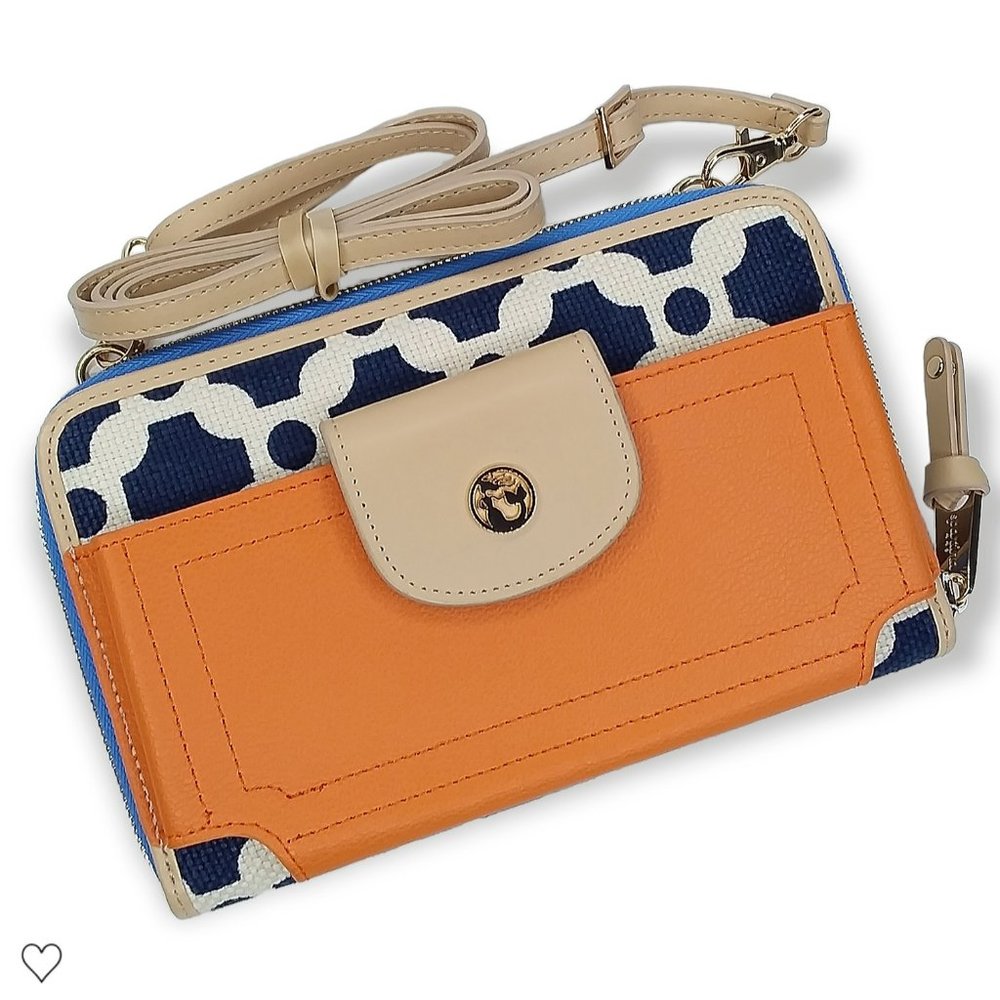 Spartina 449 May River Multi Phone Crossbody Wallet Linen Leather Orange Navy